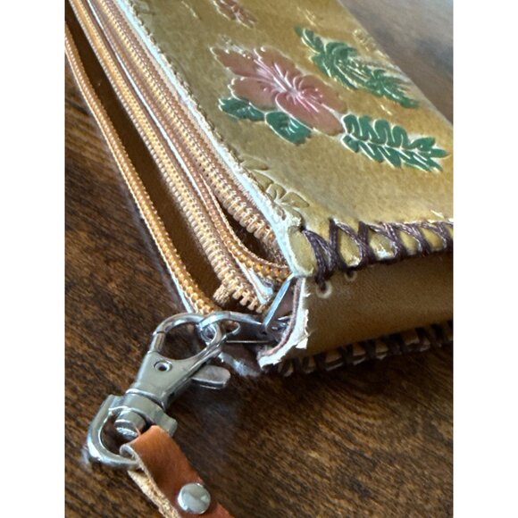 Handmade Leather Floral & Palm Tree Embossed Zipper Wristlet Wallet Vintage - Picture 15 of 16
